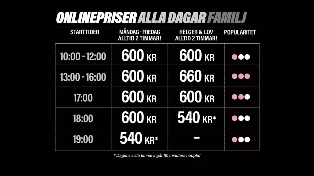 JumpYard Skövde priser entré familjebiljett